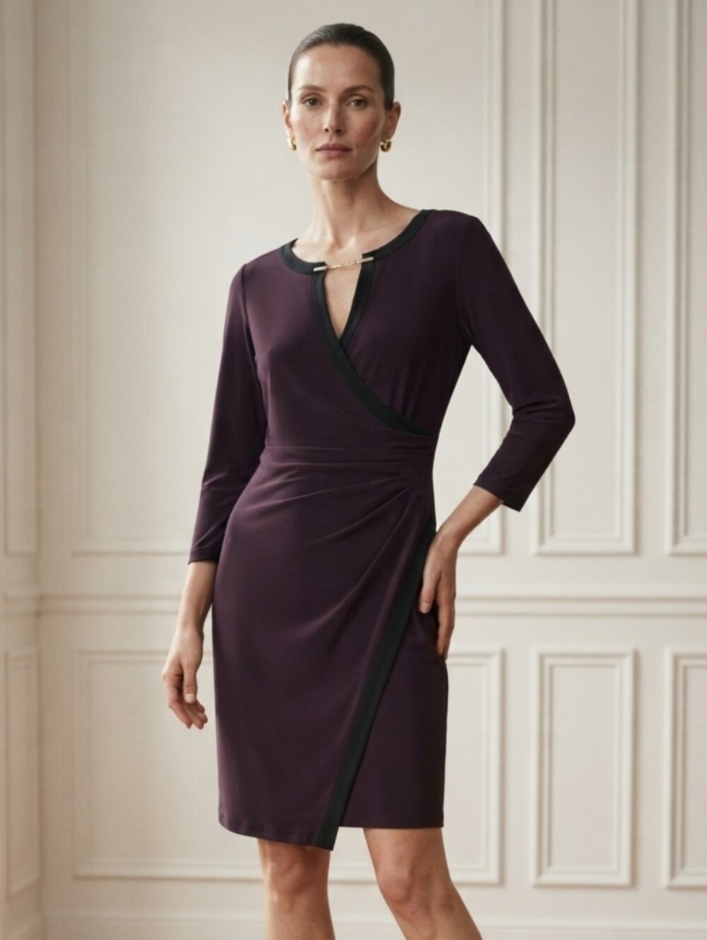 Calvin Klein Deep Plum Long-Sleeve Faux-Wrap Dress with Black Trim Side Rushing